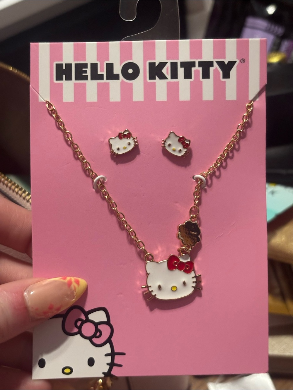 Hello Kitty Girls' Pink & White Enamel Necklace and Stud Earring Set